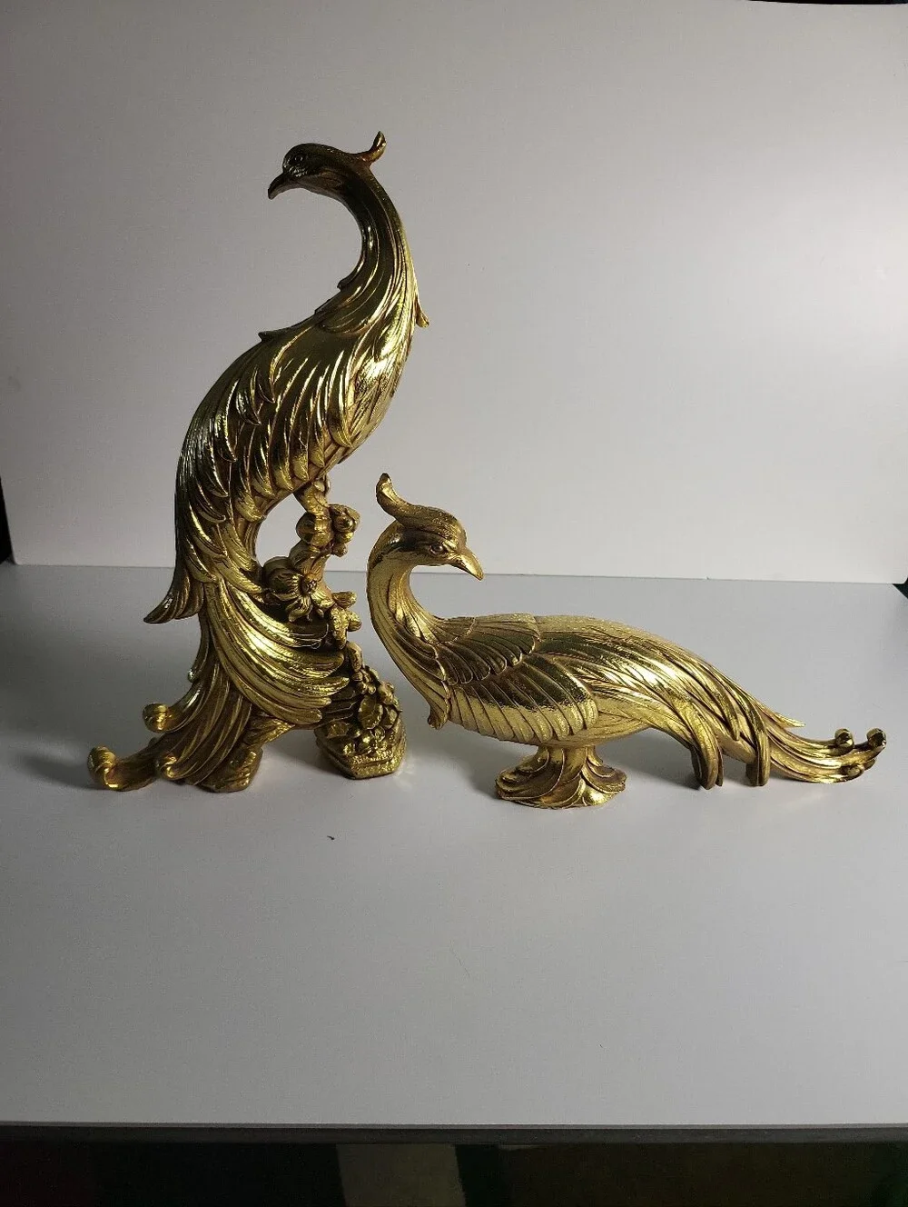 Vintage Syroco Gold Pheasants Birds Figurine Pair USA Peacock Hollywood Regency